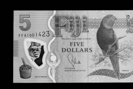 Five Fijian dollars banknote on a black background close up. Black and whiteの写真素材