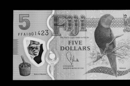 Five Fijian dollars banknote on a black background close up. Black and whiteの素材 [FY310125857853]