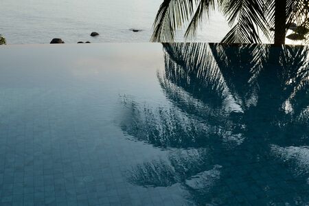 Morning view of the ocean and coconut palm tree reflected in the pool. Tropical background