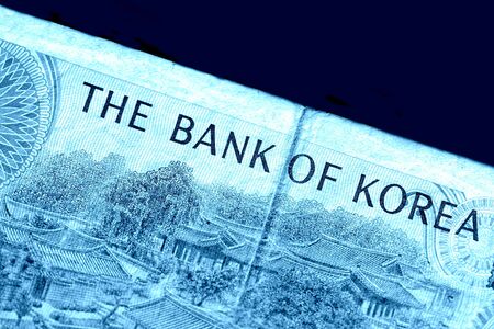 Outdated 1000 Korean Won note of 1983 issued close-up blue color tonedの写真素材