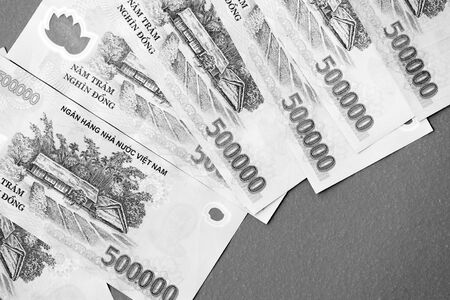 Five hundred thousand dong banknotes close-up. Money background black and whiteの写真素材