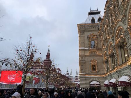 Moscow, Russia - January 2019. The historical center of Moscow is beautifully decorated during the New Year and Christmas holidaysのeditorial素材