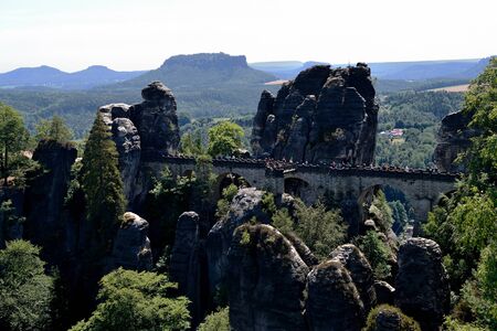 Bastai rock formation (Saxon Switzerland) in summer. Germany, Europeの写真素材