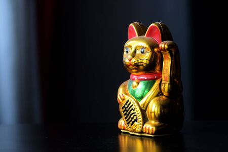 Golden Maneki Neko, the Lucky Cat, covered with dust. The concept of time and expectation of good luckの写真素材