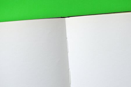 Open blank notebook on green background close-up, top view. Education, business, planning concept....