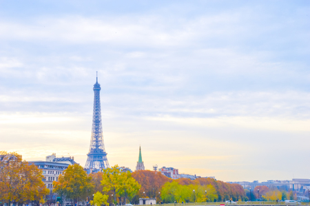 Skyline of sunset in Paris with Eiifel towerの写真素材
