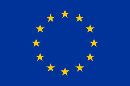 The flag features a circle of 12 golden stars on a blue background. The stars symbolize the ideals of unity, solidarity and harmony between the peoples of Europeのイラスト素材