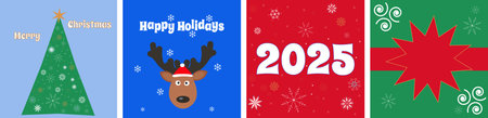 Merry Christmas and New Year 2025 Card Set, Square Poster, Holiday Cover, for Advertising, Sales, Print, Season Cardsのイラスト素材