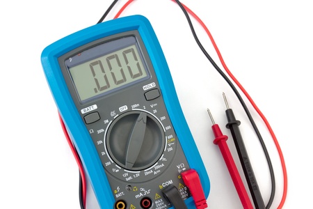 A blue digital multimeter with probes on white background
