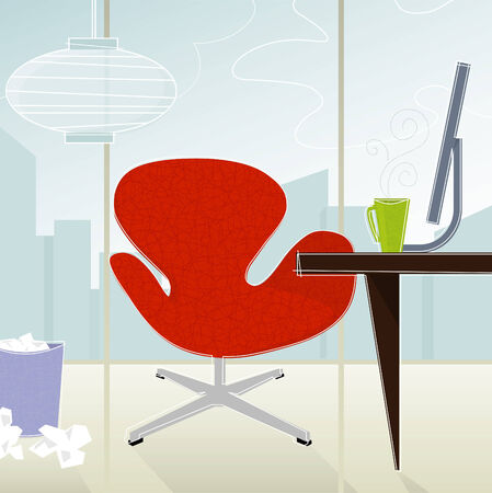 Retro-modern business officered chair against cityscape; colorful and stylized. Each item is whole and grouped so you can use them independently from the background. Easy-edit layered file.のイラスト素材