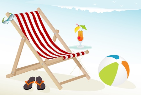 Fun at the beach Icons: tropical cocktail, deck chair, sunglasses, beach ball and flip-flops; Easy-edit layered file. のイラスト素材