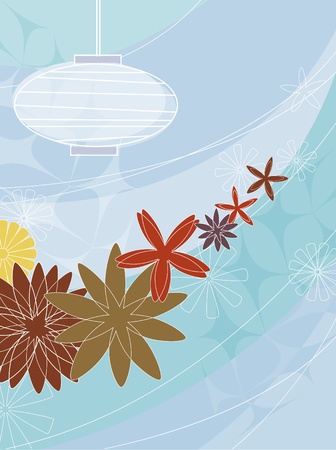 Stylized and colorful image of flowers and paper lantern.  Items grouped so you can use them independently from the background. Layered file for easy edit.のイラスト素材