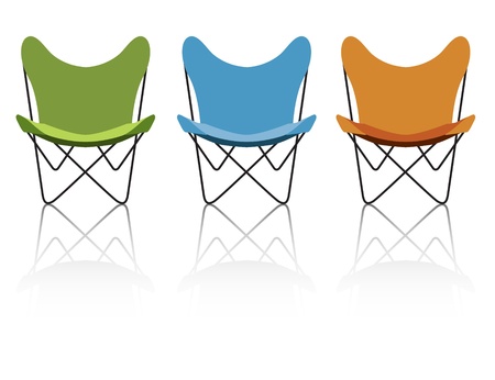 Trio of vintage/retro butterfly chairs with reflection; easy-edit file makes changing the chair colors simple.のイラスト素材