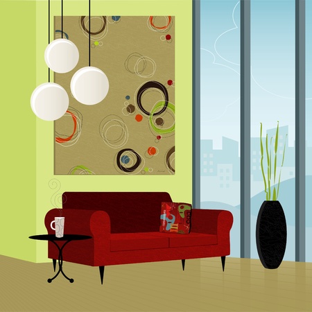 Modern living room; colorful and stylized. Each item is grouped so you can use them independently from the background. Easy-edit layered file.のイラスト素材