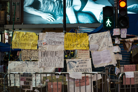 Posters in different language, a street blocking demonstration in 2014, Causeway bay, Hong Kong, Chinaのeditorial素材