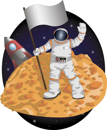 Astronaut with a flag on the surface of the planet on the background of the shuttle and the starry sky.のイラスト素材