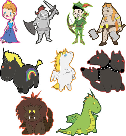 Set of vector fantasy characters in a cartoon style. Includes princess, knight, archer, barbarian, and the unicorn, pegasus, cerberus, manticore and dragon.のイラスト素材