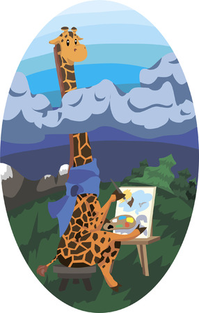 Vector illustration of cartoon giraffe sitting at his easel in a scarf. He rises above thunderclouds and draws a positive light landscape.のイラスト素材