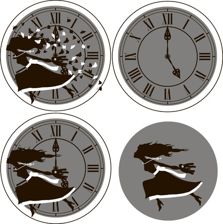 Set of vector illustrations - girl on the background of the clock / Alice in Wonderlandのイラスト素材