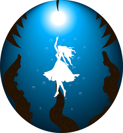 illustration of a girl who swim on the light from the bottom of her tentacles reaching outのイラスト素材