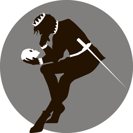 Black and white illustration of Hamlet with a skull in his handのイラスト素材