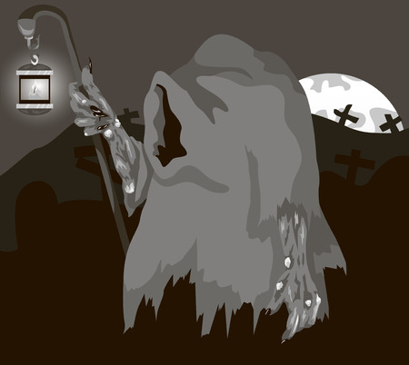 Vector illustration of a ghost with a lantern in the graveyardのイラスト素材