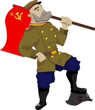 Illustration of a Soviet soldier with a flag in his hand, his foot stands on fascist helmetのイラスト素材