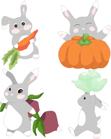 Set of illustrations cute rabbit with different vegetablesのイラスト素材