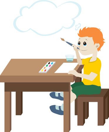 Illustration of a boy who is sitting at the table with a brush in his hand and thinks that he wants to drawのイラスト素材