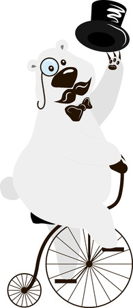 Illustration of a polar bear on an old bicycle with a large front wheel. The bear in the neck bow tie, and a paw he holds the cylinder.のイラスト素材