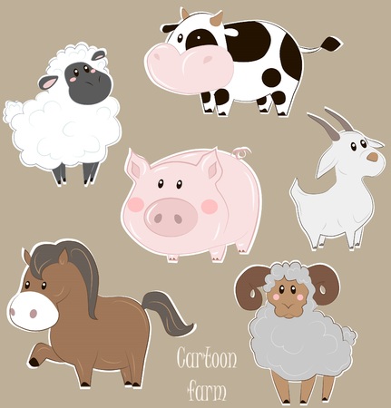 Vector illustration of cows, pigs, sheep, sheep, goats and horses in cartoon styleのイラスト素材