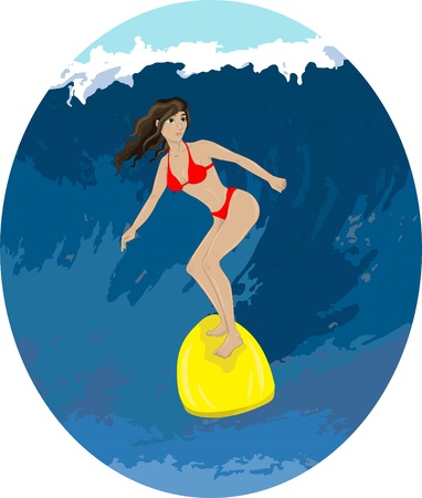 Illustration of a girl in a swimsuit on a surfboard riding a waveのイラスト素材