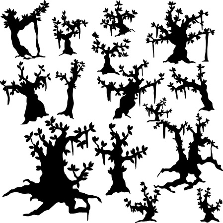 Set of vector silhouettes of trees - banyanのイラスト素材