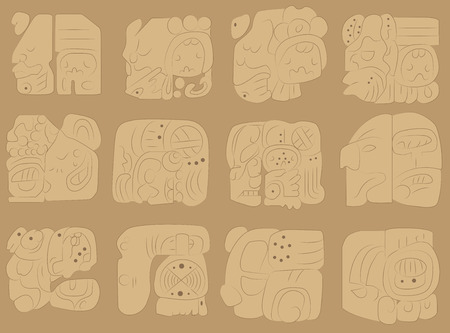 Set of vector stone frescoes in the ancient style of the Mayaのイラスト素材