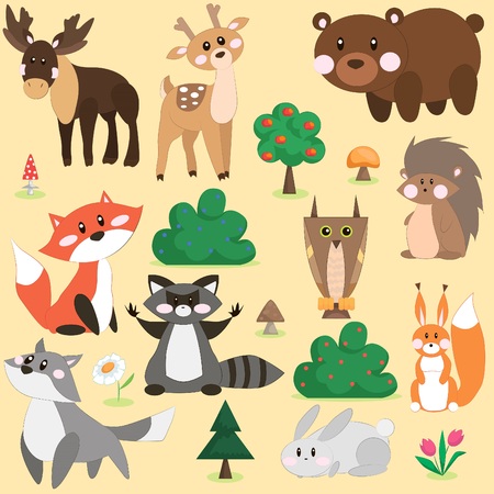 Vector illustration set of cute forest animals in cartoon styleのイラスト素材