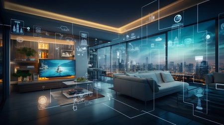 Smart home interface with augmented realty of iot object interior design, featuring various connected devices and appliances AI.  Modern bright interiors apartmentの素材