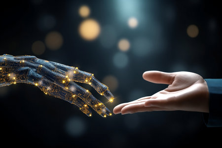 Close up of hands of robot and human connecting artificial intelligence digital transformationの素材
