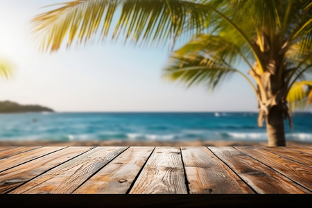 Empty wooden table over blur tropical beach background, product display montageの素材