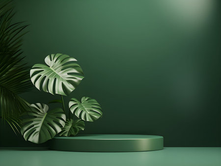 Green podium for product presentation with monstera leaves.の素材