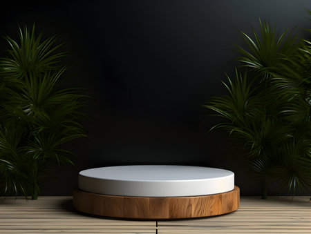 Wooden podium and palm leaves on black background.の素材