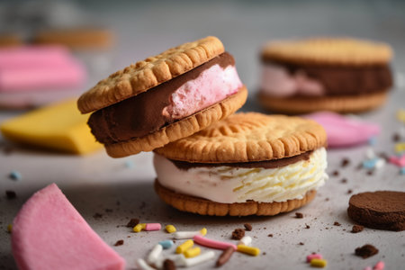 Biscuits with different flavors of cream and chocolate on the tableの素材