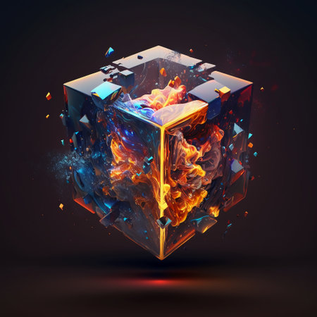 Abstract cube with fire effect on dark background. 3d illustration.の素材