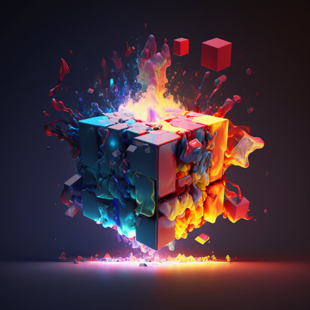 3d illustration of abstract geometric cube with colorful explosion isolated on black backgroundの素材