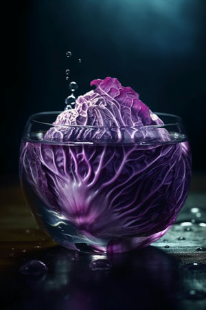 Purple cabbage in a glass with water drops on a dark backgroundの素材