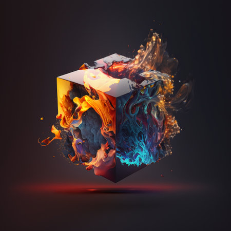 3d vector abstract cube with fire and smoke isolated on black backgroundの素材