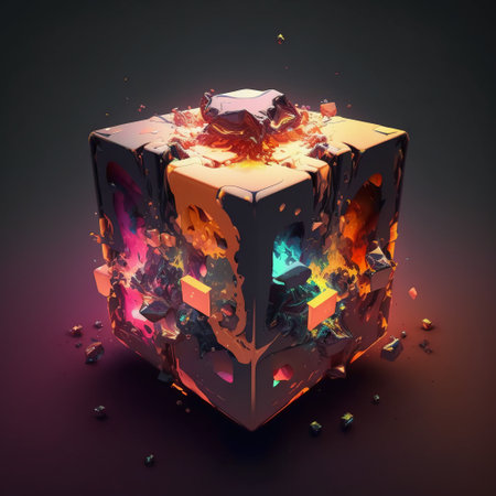 3d illustration of cube with fire inside isolated on black background.の素材