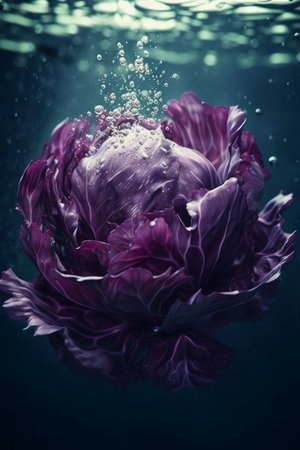 Purple peony flower in water with bubbles on dark background.の素材