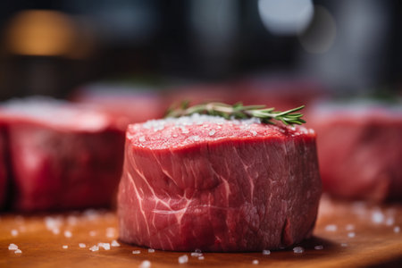 Raw beef steak with salt and rosemary on a wooden board.の素材