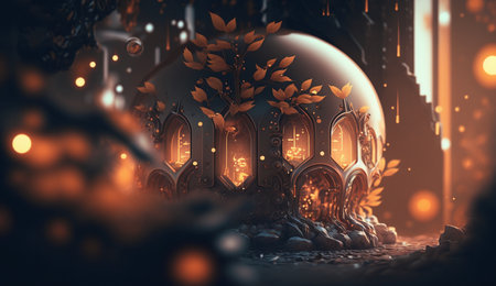 Lanterns in the forest. 3d illustration. Vintage style.の素材
