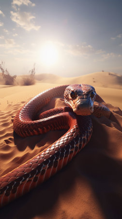 3d rendering of a cobra snake in the desert at sunsetの素材